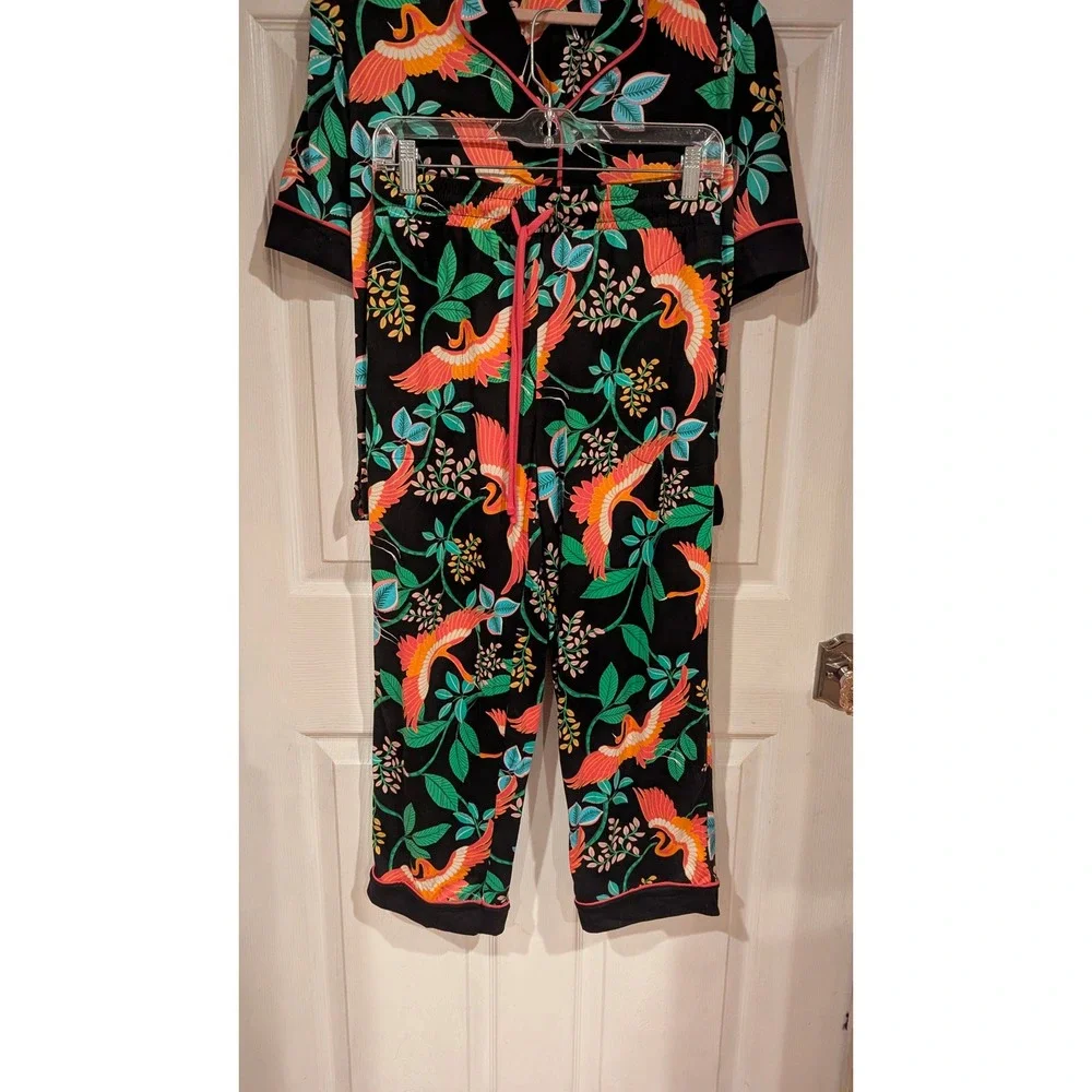 BeautySleep Social Pajama Set XS Black Tropical Crane Print Pink Trim Loungewear